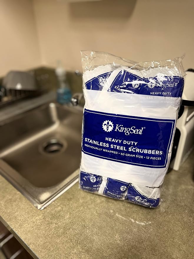 72 Count | KingSeal Stainless Steel Scrubbers, Scrub Pads, Heavy Duty, 50 gram Weight, Individually Wrapped - 6 Packs of 12 Scrubbers