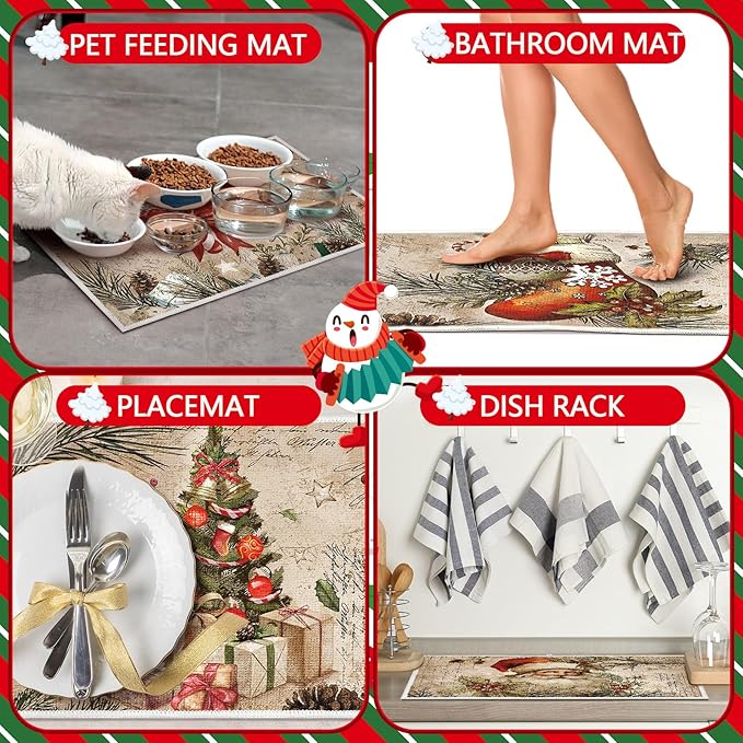Meanplan Set of 6 Christmas Dish Drying Mats for Kitchen 24"x 16" Retro Xmas Kitchen Accessories Santa Berries Rectangle Table Mats Washable Absorbent Drainer Draining Dry Pad for Christmas Home Decor