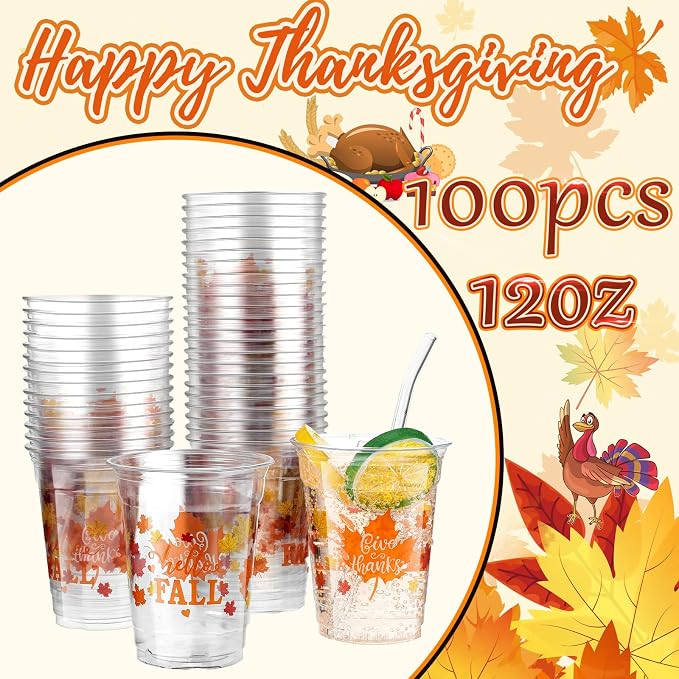 Meanplan 100 Pcs Thanksgiving Plastic Cups Bulk 12oz Fall Disposable Cups Autumn Pumpkin Leaf Turkey Clear Drinkware Tumblers Coffee Juice Wine Glasses Harvest Wedding Party Supplies(Maple)