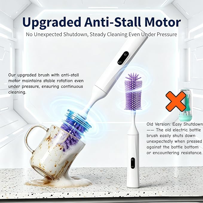 Rechargeable Electric Bottle Brush with 2 Speeds Powerful Automatic Bottle Cleaner,BPA-Free Silicone Spinning Design, Wall Mount & Straw Cleaner,Suitable for Baby Bottles & Kitchen (White+Purple)