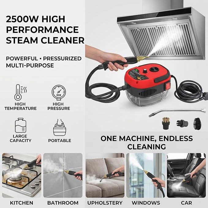 2500w Handheld High-Temperature Pressurized Steam Cleaner High Pressure Temperature Multi Purpose Heavy Duty Portable with Attachments for Car Engine Home Multi-surface 1000ml(White)