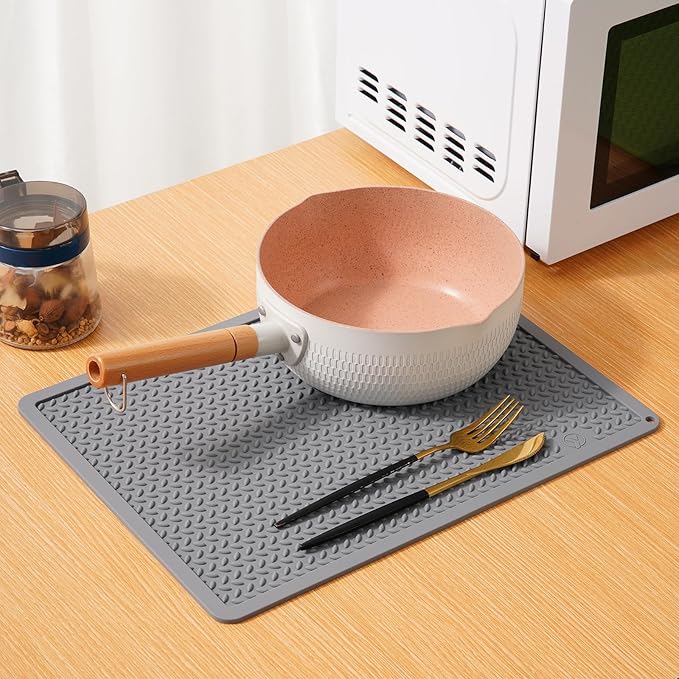 Silicone Drying Mat & Heat Resistant Mat for Kitchen Counter, Non-Slip Dishwasher Safe, Raised Edge for Dishes Bottles Sink (15.35x11.61in, Gery)