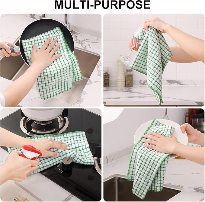 Kitinjoy Cotton 12 Pack Terry Kitchen Towels, 16 x 25 Inches Super Soft and Absorbent Dish Towels, Quick Drying Hand Towels for Kitchen Drying, Green
