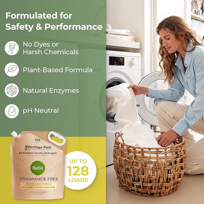 Heritage Park Luxury Laundry Detergent | Dermatologist Tested Plant based Natural & Enzyme Laundry Detergent | Sensitive Skin Friendly - Fragrance Free (64 fl oz Refill)