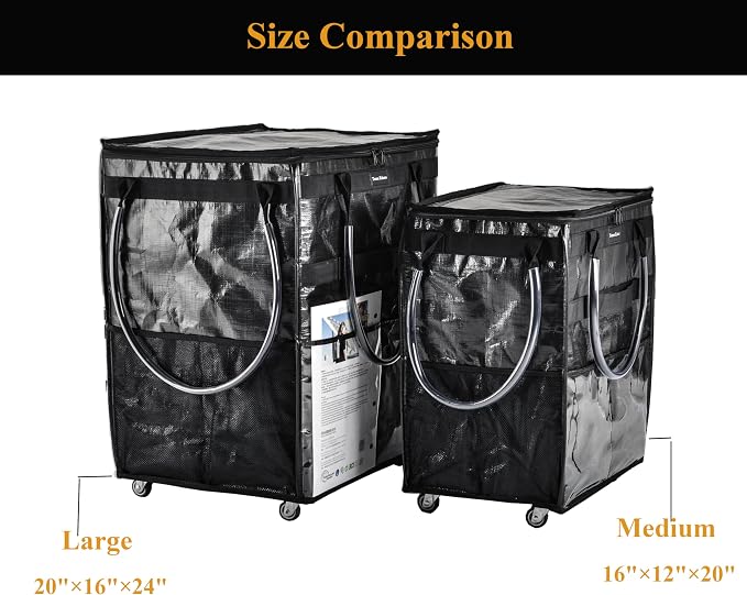 Reusable Grocery Bag On Wheels Large Capacity Shopping Trolley Foldable Rolling Tote with Outside Pocket, Heavy Duty Handle (Black, Medium)
