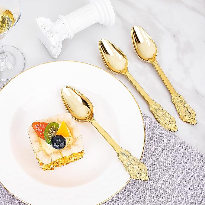 WDF 100 Piece Gold Plastic Spoons Disposable - 6.93 Inch Baroque Gold Spoons Plastic Silverware for Dessert Cake - Heavy Duty for Party Wedding Daily Using Baby Shower Spring