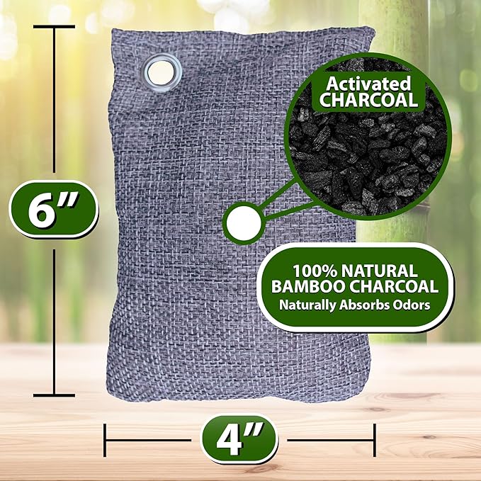 100g Bamboo Charcoal Bags (Pack of 10 Bags) - Activated Charcoal Odor Absorber - Reusable Bags for Homes, Cars, Closets, & Shoe Odor - Absorbs Odors & Moisture - Organic Sustainable Room Air Freshener