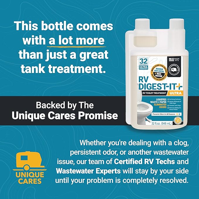 Unique RV Digest-It Ultra Super Concentrated RV Toilet Treatment, 64 Uses - Eliminates Smells and Liquifies Waste, Preventative Bio-Enzymatic Holding Tank Treatment (32 oz, Pack of 2)
