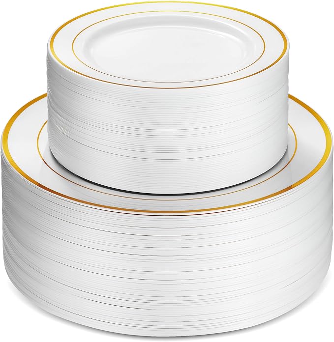 Munfix 100 Piece Plastic Party Plates White Gold Rim, 50 Premium Heavy Duty 10.25 Inch Dinner Plates and 50 Disposable 7.5 Inch Dessert Appetizer Elegant Fancy Heavy Duty Wedding Plates