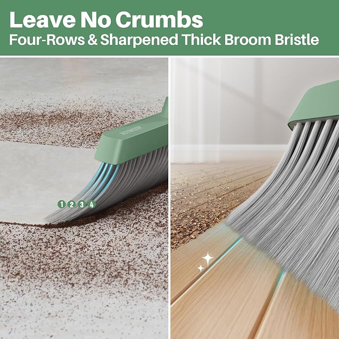 JOYMOOP Dark Teal Green Broom and Dustpan Set, Upright Angle with Built-in Comb Teeth, Ideal for Home, Office, Hardwood, Pet Hair