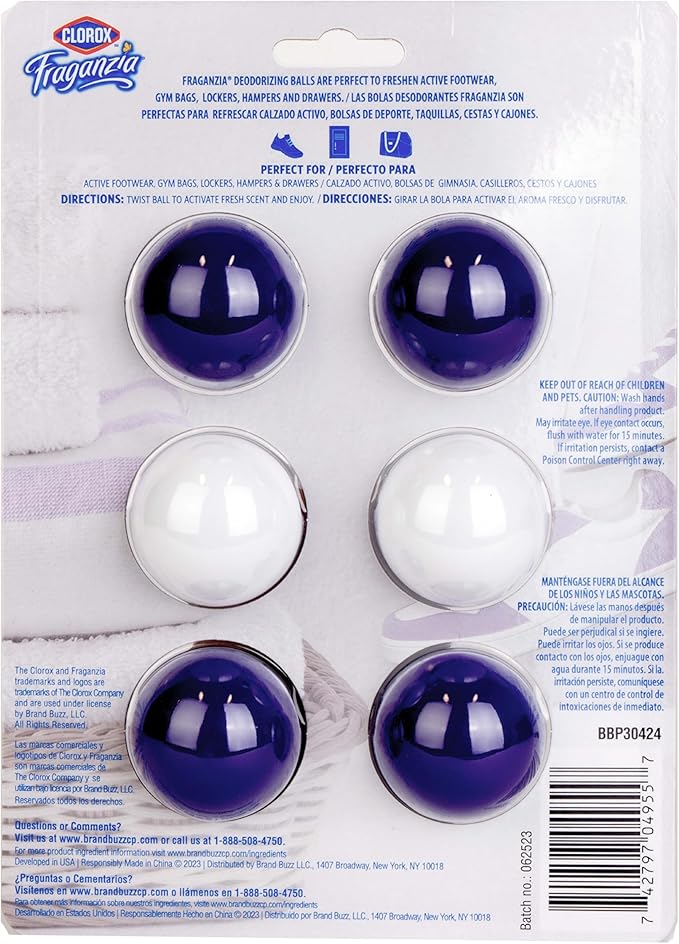 Clorox Fraganzia Deodorizing Balls with Lavender and Eucalyptus Scent, Shoe and Bag Odor Eliminator Balls for Shoes Lockers and Gym Bags with Long Lasting Freshness, 6 Count - 12 Pack
