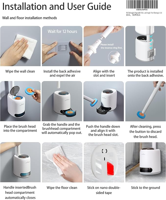 PeiTuSangJin Disposable Toilet Brush Wand kit,Auto-Ejecting32 Refills | 360° Dead-Angle-Free Cleaning,3 Air-Purifying Scent Rings,Wall-Mounted Disposable Toilet Brush(1+32)