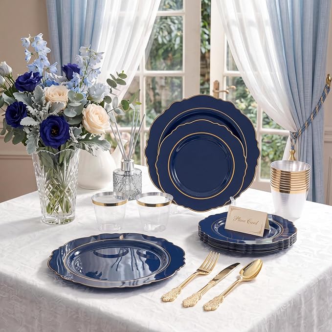KIRE 210Pcs Navy Blue Plastic Plates - Blue and Gold Plates Disposable - 30guest Baroque Plastic Dinnerware for Upscale Wedding/Parties/4th of July