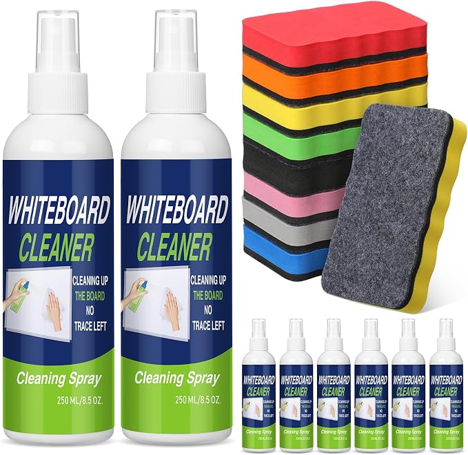 Fuyoooo 8 Pack Whiteboard Cleaner Set 8 Pcs 8.5 Fl oz Dry Erase Whiteboard Cleaning Spray Dry Erase Board Liquid Cleaner with 8 Pcs Magnetic Chalkboard Board Erasers for Classroom Home Office