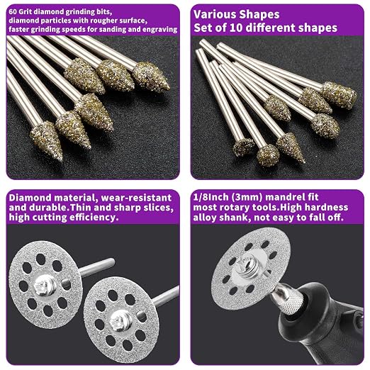 60 Grit Diamond Grinding Bit Set for Dremel, Rotary Tool Grinding Cutting Wheel 1/8” Shank for Stone Glass Tile Jewelry Engraving Rock Etching Carving Metal Wood - 32Pcs