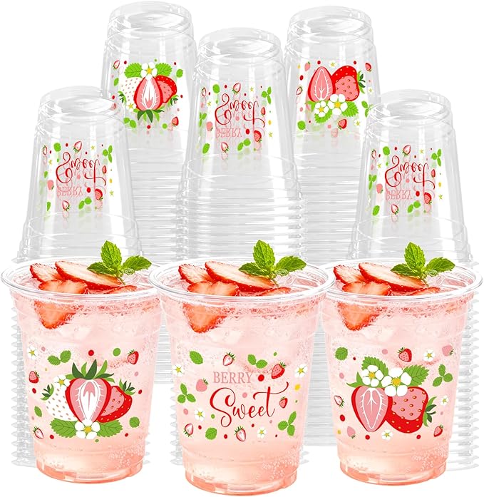 100 Pcs Strawberry Plastic Cups 12 oz Red and White Strawberry Disposable Clear Fruit Cold Beverage Cups for Birthday Baby Shower Summer Party Supplies Favors