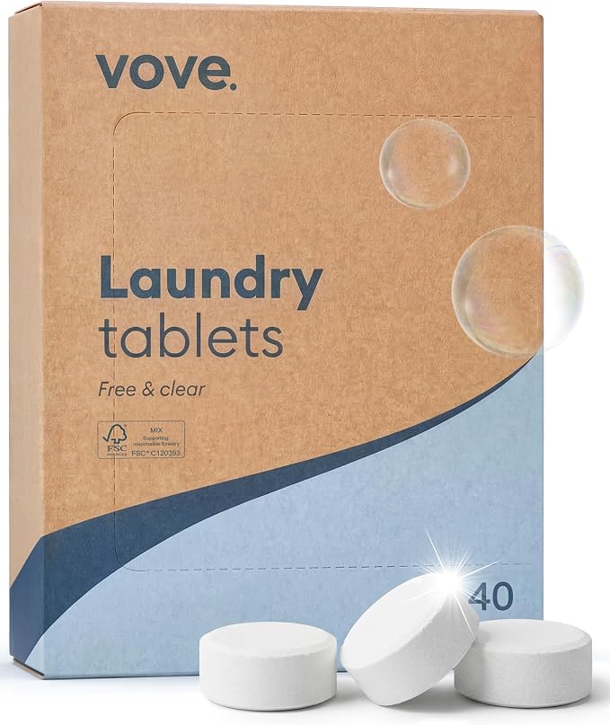 Vove Laundry Detergent Tablets, 40 Loads - Plastic-Free, PVA-Free, Zero Microplastics - Enzyme-Powered Stain Removal - Plant-Based, Fragrance-Free, Works in Cold Water, FSC-Certified Packaging