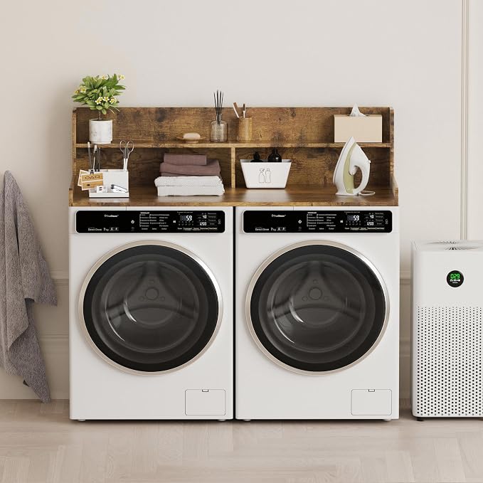 Washer Dryer Countertop with Non-Slip Pads, 2.75" H Guard, 54" W x 27.5" D Wood Laundry Countertop Cover, Large Space Washer Dryer Topper for Laundry Room Organization(Tiger Stripe)