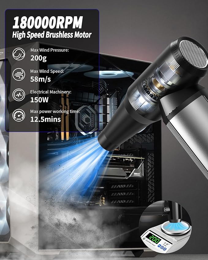 Electric Air Duster, 180000RPM Super Power Cordless Air Duster with LED Light, 3-Gear Adjustable Mini Blower with Fast Charging, Dust Blower for Cleaning Computer, Keyboard, Car, House and Outdoor