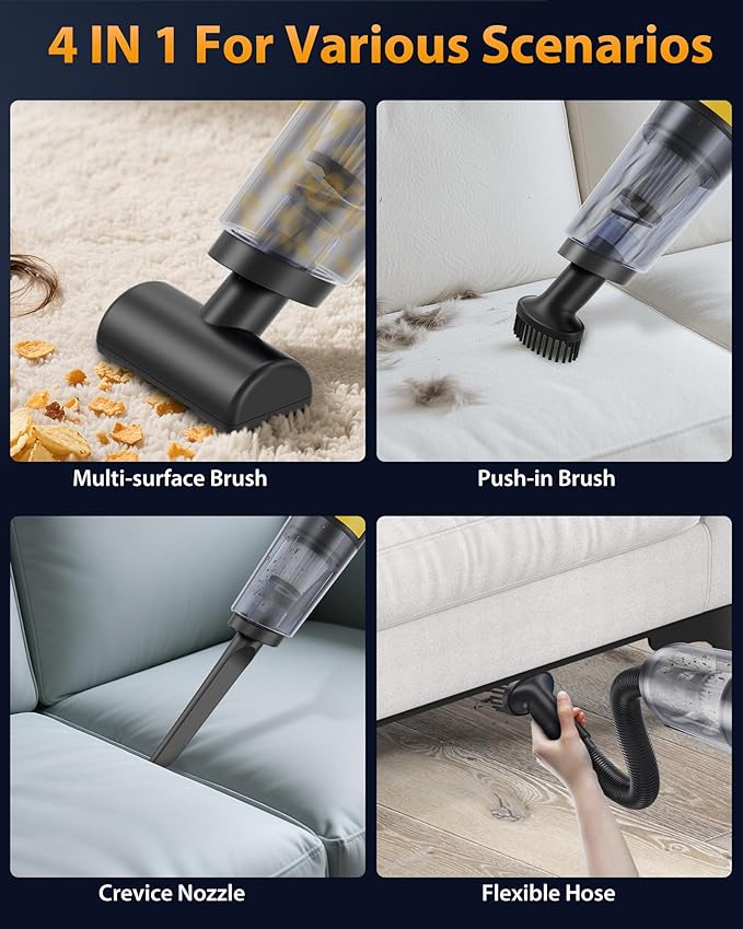 4-in-1 Cordless Handheld Vacuum, 1.1lb Ultra-Light, 10000Pa Powerful Suction, Portable Car Vacuum with HEPA Filter & Large Dust Cup, Rechargeable for Car