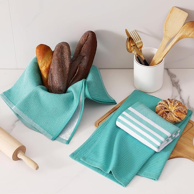 Homaxy Premium Kitchen Towels(18”x 28”, 3 Pack), Large Cotton 380 GSM Kitchen Hand Towels, Soft and Absorbent Terry Dish Towels, Multipurpose Tea Towel Set with Hanging Loop, Teal