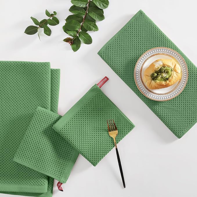 Homaxy 100% Cotton Kitchen Towels and Dishcloths Set, 12 x 12 Inches and 13 x 28 Inches, Set of 12 Bulk Kitchen Towels Set, Ultra Soft Absorbent Dish Cloths for Washing Dishes, Grass Green