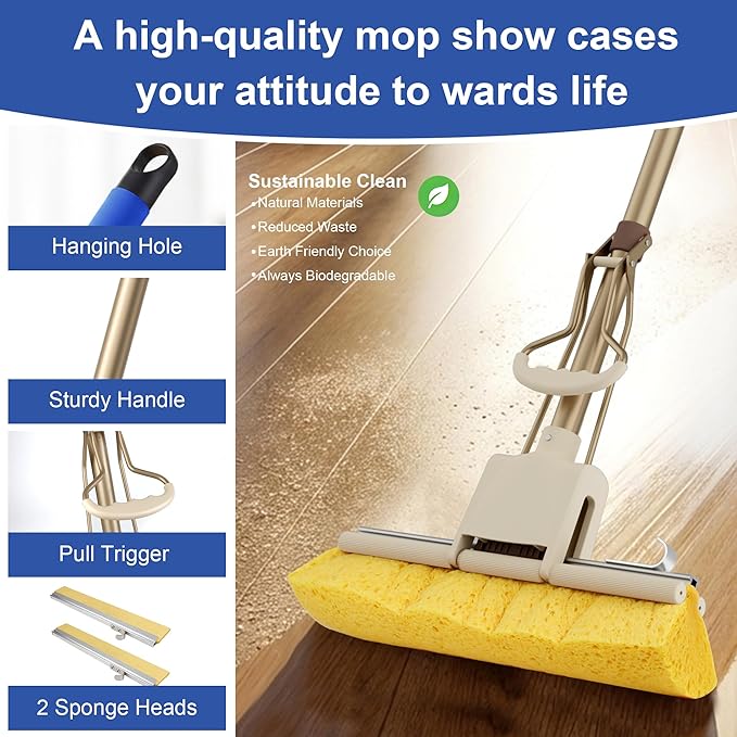 LILAC Cellulose Sponge Mop with 2 Replacement Heads, 4-Color Handle Choices for Zoned Cleaning, Super Absorbent Pop Up Roller Mop for Hardwood,Laminate Floors, Heavy Duty Floor Scrubber (Blue)