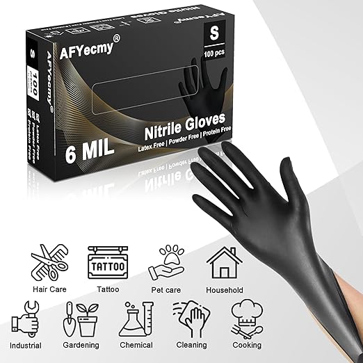 Disposable Nitrile Gloves, Chemical Resistant, Powder and Latex Free, Food Safe, Black Heavy Duty Gloves, 6 Mil, 100 Count, Small
