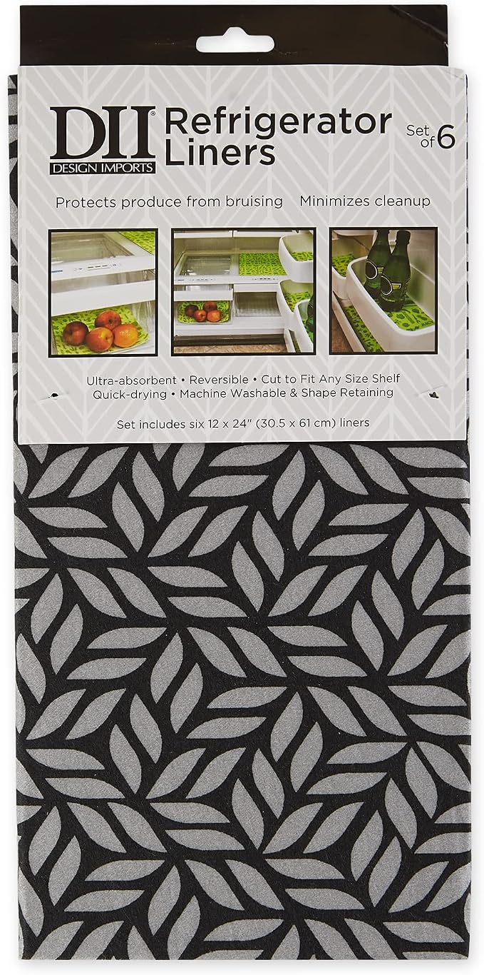 DII Fridge Liner Collection Non-Adhesive, Cut to Fit, 12x24, Gray Abstract Leaf, 6 Piece