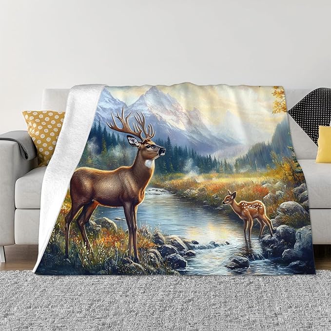 Tijuboni Elk Deer Throw Blanket Mountain Cabin Gifts for Women Men Girls Boys Kids Adults Soft Flannel Fleece Blanket for Couch Sofa Bed Home Decor 50"x60"