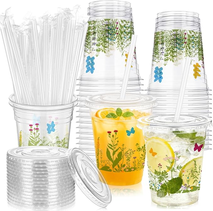 Vesici 100 Pcs Floral Plastic Cups 12 oz Floral Botanical Clear Spring Disposable Cups with Lid and Straws for Spring Summer Birthday Wedding Bridal Baby Shower Party Supplies(Wildflower)
