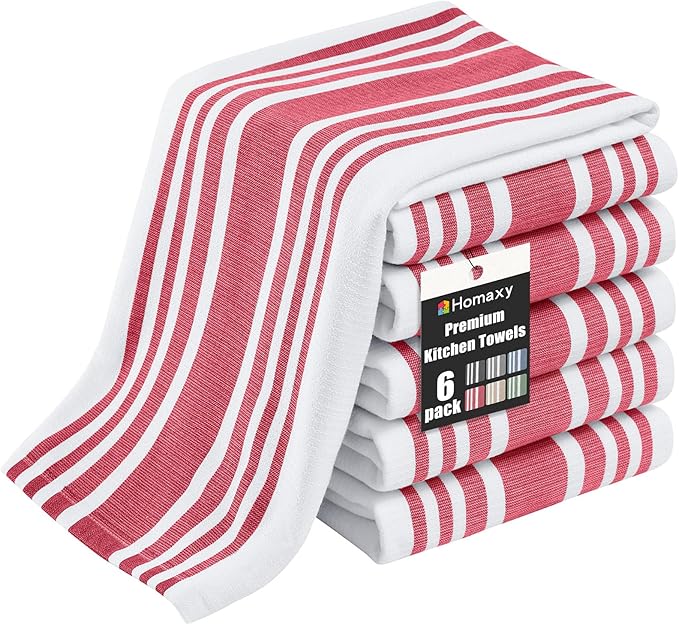 Homaxy Premium Kitchen Towels 18”x 28”, Large Cotton 380 GSM Kitchen Hand Towels, Stripe and Terry Dish Towel, Highly Absorbent Tea Towel Set with Hanging Loop, 6 Pack, Red