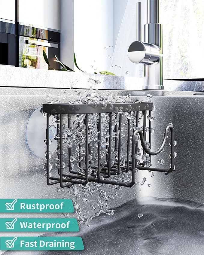 HapiRm Multifunctional Kitchen Sink Caddy with Drain Tray + Rustproof & Waterproof Sponge Holder for Kitchen Sink - Silver, Black