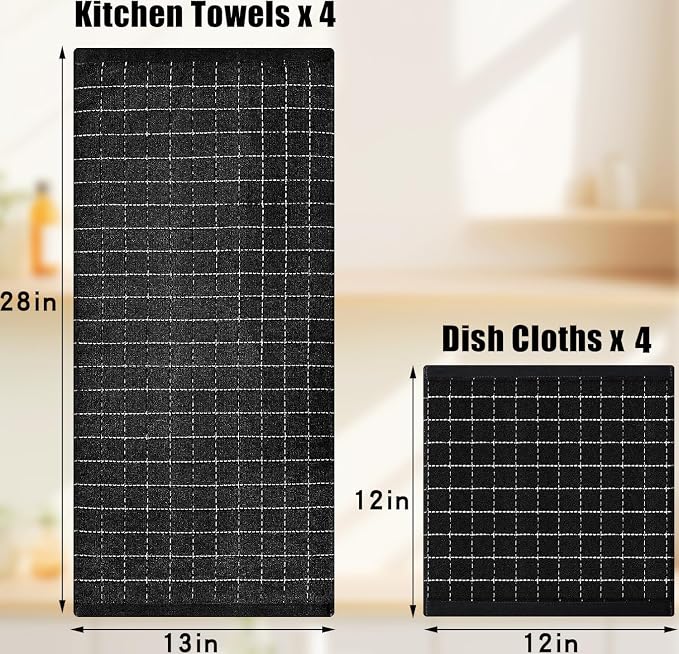 Homaxy Kitchen Towels and Dishcloths Set, 12 x 12 and 13 x 28 Inches, Set of 10 Bulk Cotton Terry Kitchen Towels Set, Checkered Designed, Soft and Super Absorbent Dish Towels, Black