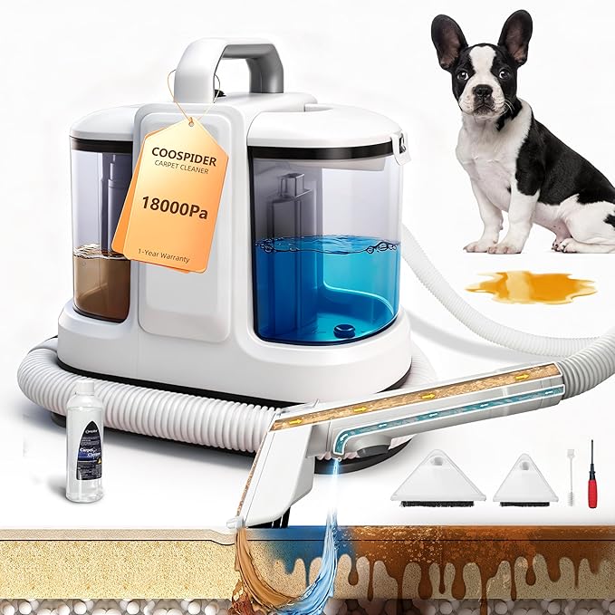 Coospider 18Kpa Portable Carpet Cleaner Machine, Powerful Suction with Cleaning Tools & Upholstery Cleaner, Couch Cleaning with Pet Stains Remover for Dog Bed, Furniture, Rug, Sofa, Car & Mattress