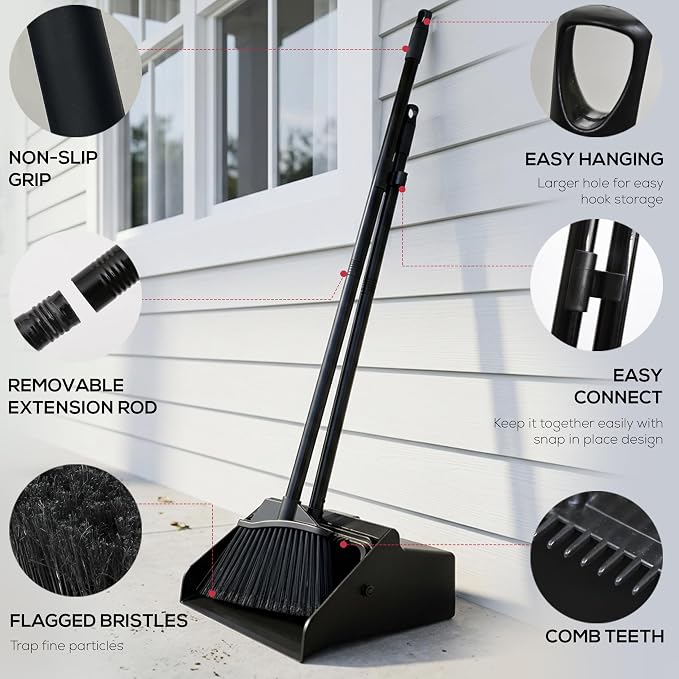 KLEEN HANDLER 48.5" Broom with Dustpan Combo Set with Long Handle for Home, Kitchen, Office, Lobby, Indoor/Outdoor Sweeping & Commercial Use, Black (1 Set)