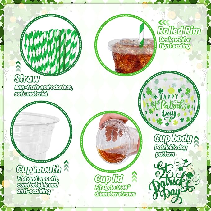 JarThenaAMCS 50Pcs St. Patrick's Day Plastic Cups with Lids and Straws 12oz Disposable Shamrock Drinking Cups Green Lucky Clover Cold Beverage Cups for Irish Holiday Beer Party Supplies