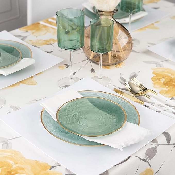 PLASTICPRO 64 Pieces Crystal Design Plastic Plates Combo Pack 7 inch and 10 inch Gold Rim Elegant Disposable Plates, Transparent Green