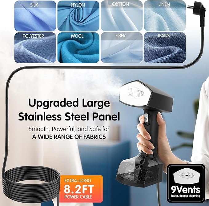 Handheld Garment Steamer for Clothes, 2000W, 10s Heat-Up, 350ml Tank | 40g/min steaming with 3 settings for delicate to heavy fabrics, Leak-Proof, Use for Travel, Home, Office, Wardrobe Care