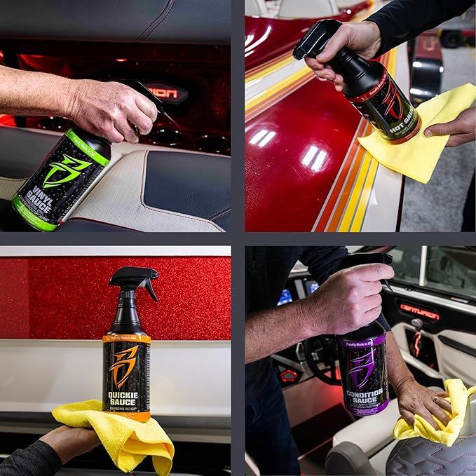 Bling Sauce Boat Essentials Cleaning & Detailing Kit, 4-Pack, 20 oz Each | Four marine care sprays tackle hard water spots, vinyl, interiors and fast wax shine in one compact detailing bundle