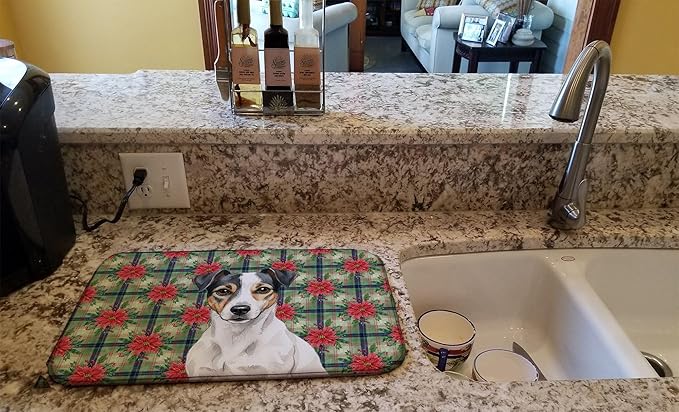 Caroline's Treasures White and Black Jack Russell Terrier Christmas PoinsettIas Dish Drying Mat Absorbent Dish Drying Mat Pad for Kitchen Counter Dish Drainer Mat for Countertop, 14 x 21", Multicolor