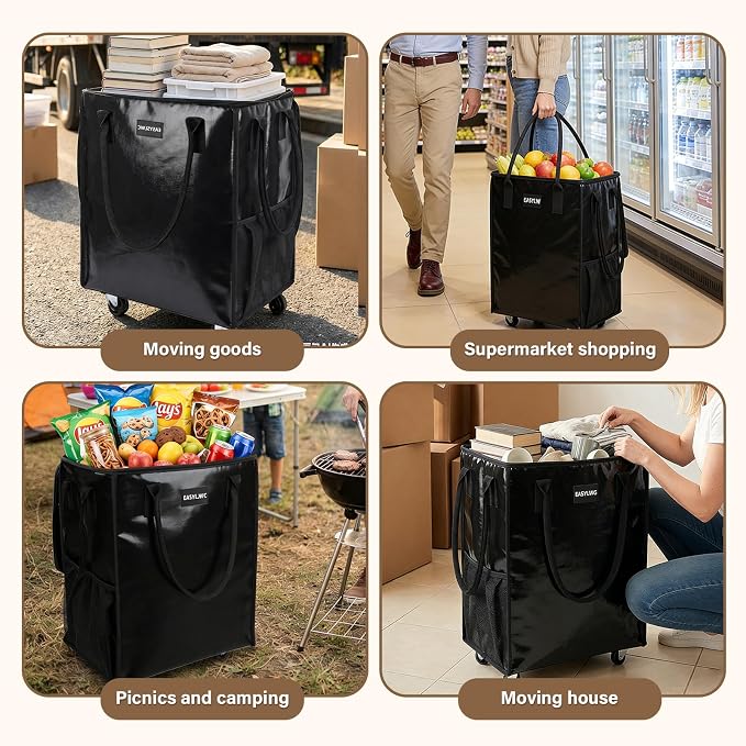Reusable Hauler Rolling Tote Bag, Collapsible Portable Shopping Cart with Wheels for Groceries, Apartments Laundry, Organization , Heavy Duty Utility Tote, Basket with Wheels, Travel and Moving, 75lbs