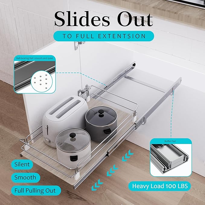 Pull Out Cabinet Organizer 15" W X 22" D, Slide Out Drawers For Kitchen Organizers and Storage, Pull Out Drawers For Cabinets Capacity Heavy Duty Caddy, Cabinet Shelves Wood Chrome, Pantry Storage