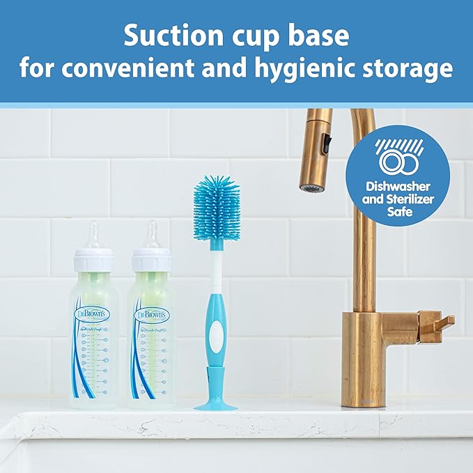 Dr. Brown's Soft Touch No Scratch Baby Bottle Cleaning Brush, Nipple Cleaner and Suction Cup Base for Easy Storage, BPA-Free, Blue, 4-Pack