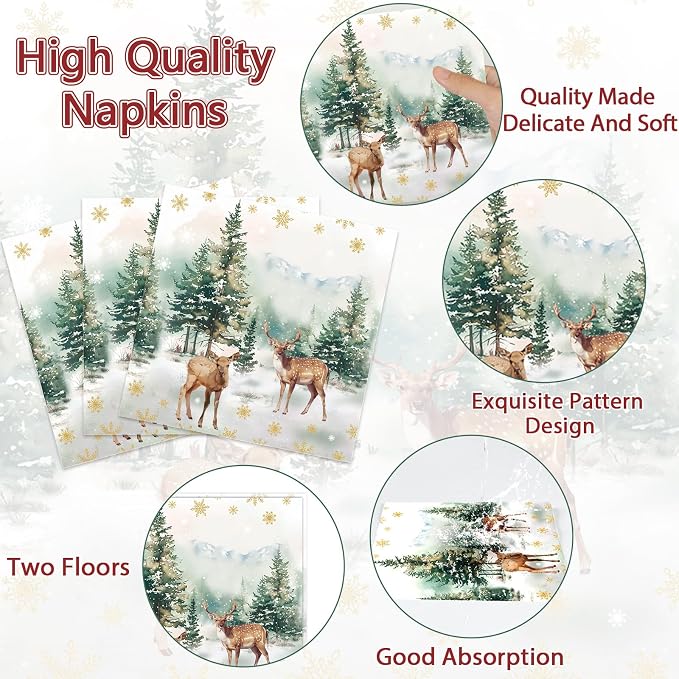 CHUNNIN 96Pcs Christmas Reindeer Paper Plates and Napkins Watercolor Deer Snow Pine Trees Snowflakes Party Decorations Winter Woodland Disposable Tableware for Xmas Holiday Birthday Party Supplies