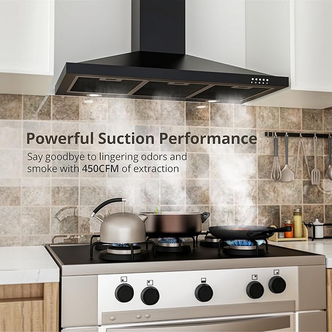 FIREGAS Black Range Hood 36 inch with Ducted Convertible Ductless, Kitchen Wall Mount Chimney-Style Over Stove Vent, 3 Speed Exhaust Fan, LED Lights
