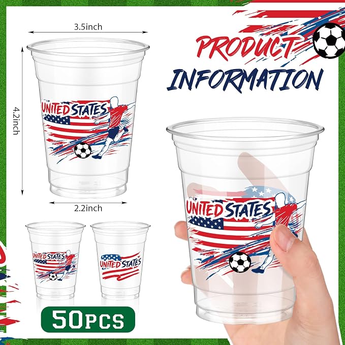 Jingmore 50 Pcs Soccer Plastic Cups 12 oz International Countries Soccer Disposable Plastic Cups Thick Clear Drinkware for Sports Games Party Supplies (United States)