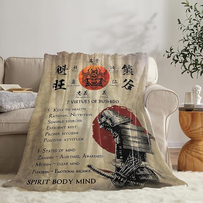 Tijuboni Japanese Samurai Throw Blanket Japanese Warrior Gifts for Men Women Girls Boys Kids Adults Soft Flannel Fleece Blanket for Couch Sofa Bed Home Decor 60"x80"