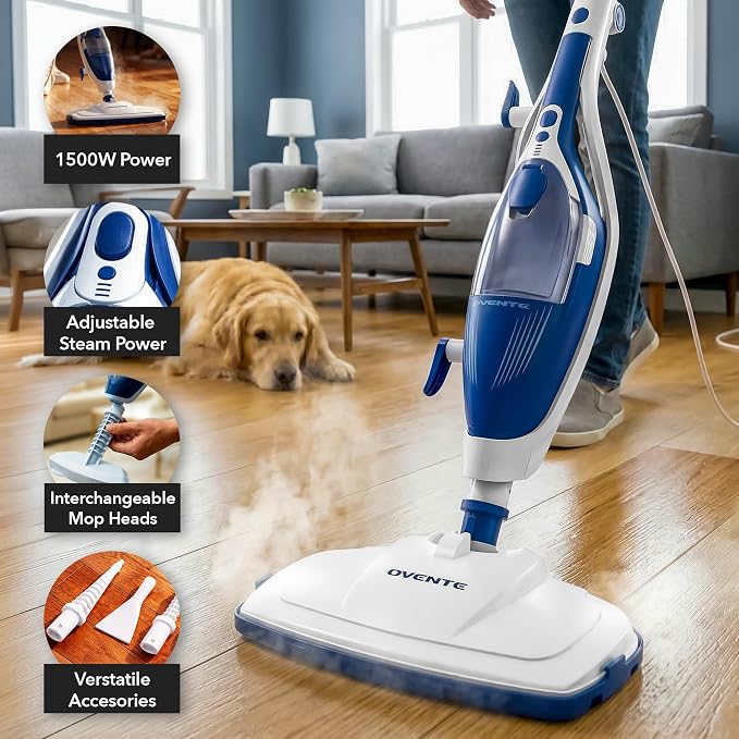 OVENTE 10-in-1 Steam Mop with Detachable Handheld Steamer, Foldable Handle and 400ml Removable Water Tank, MultiPurpose Home Cleaner for Tile Grout, Hardwood Floors, Carpet and Furniture, Blue ST505BL