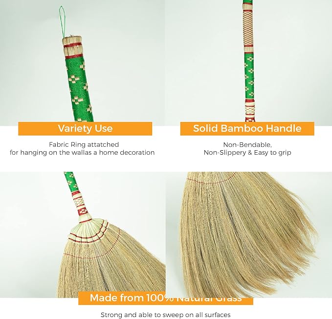 Asian Broom Grass Bamboo Stick with Full Embroidery Woven Nylon Thread Handle (Thai Pattern 2, Green)
